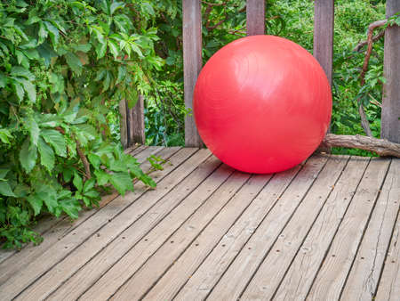 large red Swiss exercise ball outdoors in a backyard patio with lush green foliageの写真素材