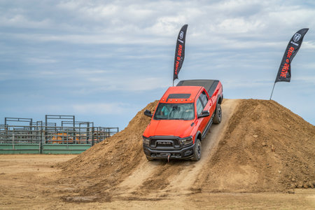 Loveland, CO, USA - August 26, 2022: Dodge RAM Power Wagon truck on a training drive off-road course.のeditorial素材