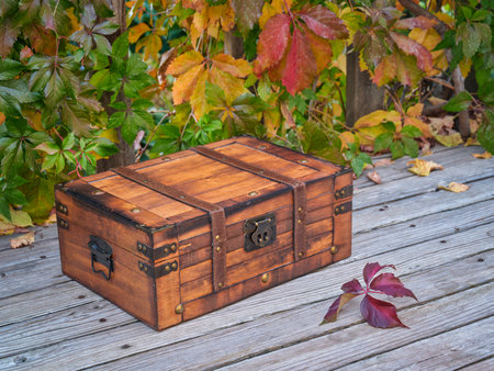 small retro suitcase on a wooden deck with colorful vine foliage , fall holidays, Halloween or Thanksgiving themeの写真素材