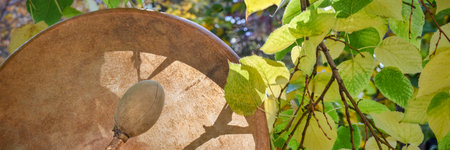 handmade, native American style, shaman frame drum covered by goat skin with a beater against fall...