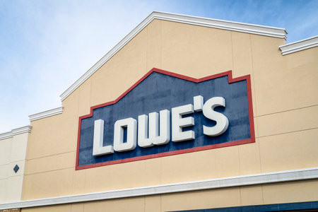 Fort Collins, CO, USA - January 27, 2023: Entrance sign for Lowe's, an American retail company specializing in home improvement.のeditorial素材