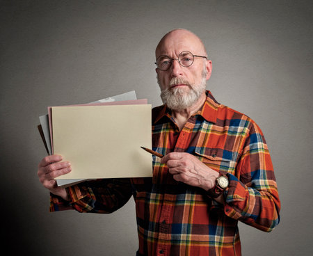 senior man is holding a blank sheet of paper and a pen, presentation or teaching conceptの写真素材
