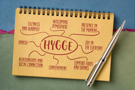hygge - mind map sketch in a notebook against abstract paper landscape, Danish cozy lifestyle conceptの写真素材