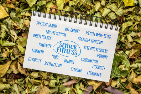 senior fitness word cloud in a sketchbook against foliage in fall colors, aging and healthy...