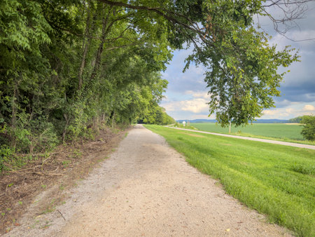 Katy Trail in rural Missouri near Bluffton in summer scenery. The Katy Trail is 237 mile bike trail converted from an old railroad.の写真素材