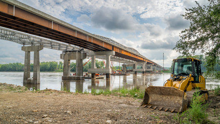 bridge construction over Missouri River near Rocheport in Missouri as seen from Katy Trailの写真素材