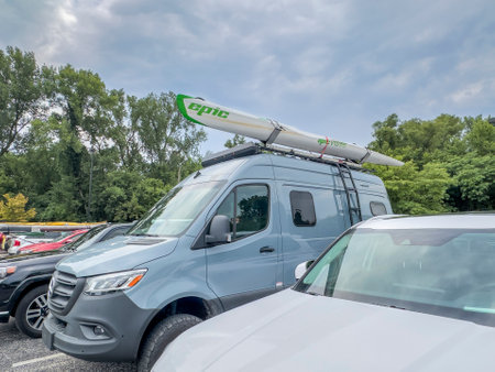St Charles, MO, USA - August 4, 2023: Winnebago Revel camper van on Mercedes Sprinter chassis with...