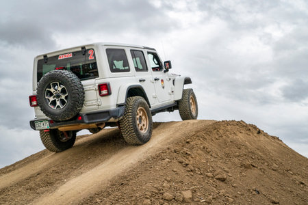 Loveland, CO, USA - August 25, 2023: Jeep Wrangler, Rubicon model, on a training drive off-road courseのeditorial素材