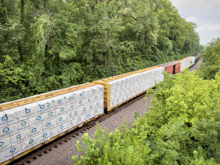 Boonville, MO, USA - August 4, 2023: Idaho Forest lumber on a cargo train running along the Missouri River.のeditorial素材