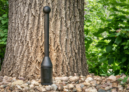 adjustable weight steel club in a backyard against an oak tree, functional fitness concept
