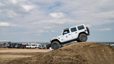 Loveland, CO, USA - August 25, 2023: Jeep Wrangler, Rubicon model, on a training drive off-road courseのeditorial素材