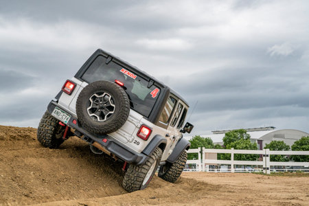 Loveland, CO, USA - August 25, 2023: Jeep Wrangler, Rubicon model, on a training drive off-road courseのeditorial素材