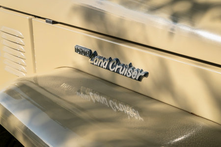 Loveland, CO, USA - August 26, 2023: A detail of hood and logo of a restored vintage Toyota Land Cruiser, a collector vehicle.のeditorial素材