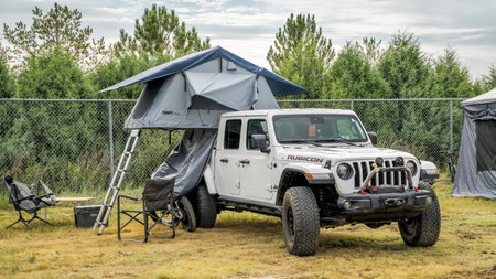 Loveland, CO, USA - August 25, 2023: Jeep Wrangler, Rubicon model, with an open roof tent, overlanding and camping concept.のeditorial素材