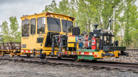 Dunning, NE, USA - September 10, 2023: BNSF (Burlington Northern Santa Fe) railroad siding with track maintenance vehicles and machinery.のeditorial素材