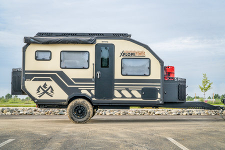 Loveland, CO, USA - August 26, 2023: XploreRv (X145), a single axle overland camper at a parking lot.のeditorial素材