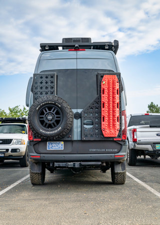 Loveland, CO, USA - August 26, 2023: Back of Storyteller Overland Beast Mode, 4x4 camper van on...