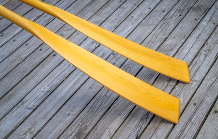 blades of wooden rowing oars against rustic, grunge wood deckの写真素材