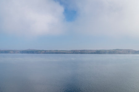 foggy November morning over the Tennessee River at Colbert Ferry Park, Natchez Trace Parkwayの写真素材