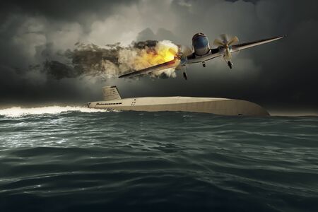 A propeller plane crashes into the sea with a burning engine, a submarine can be seen in the backgroundの写真素材