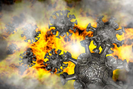 Viruses float through a sea of â€‹â€‹flames - 3D illustration
