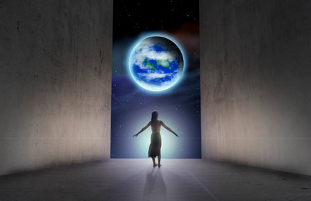 A young woman stands in a concrete room and looks into space in which the earth is floating