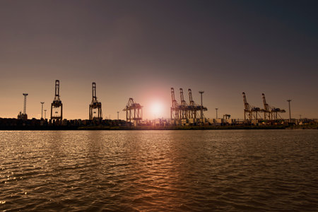 Cranes and containers in the port at sunsetの写真素材