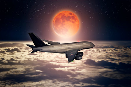 A passenger plane flies above the clouds with a red full moon and a starry skyの写真素材