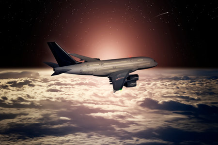 A passenger plane flies at sunset and starry sky above the cloudsの写真素材