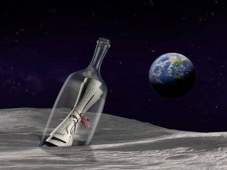 A message in a bottle has landed on the moon, with the earth rising in the backgroundの写真素材