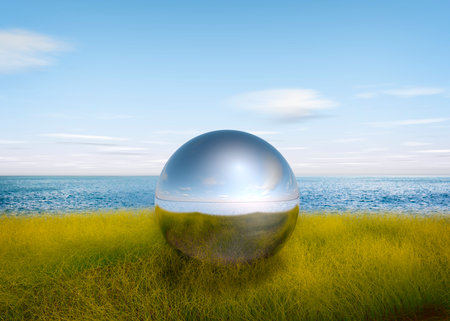 In front of a blue sky, by the sea, in the dunes lies a huge glass ballの写真素材