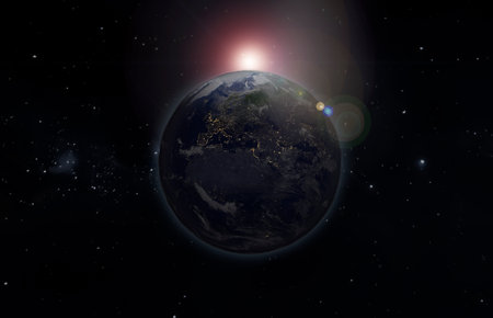 Planet Earth from the night side backlit by the sunの写真素材