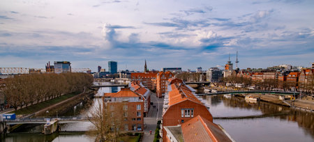 the Weser from a bird's eye view at duskの写真素材