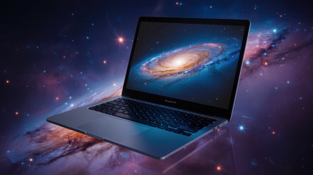 Laptop with planet in space and stars in background 3D renderingの素材