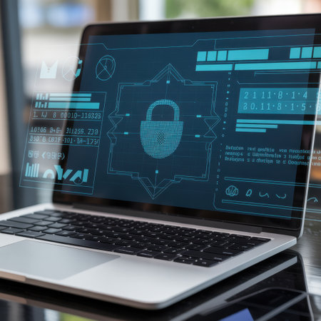 Cyber security concept illustrated by a picture on background of a laptopの素材