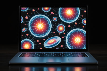 Digital illustration of human cell on a laptop screen. 3d renderingの素材