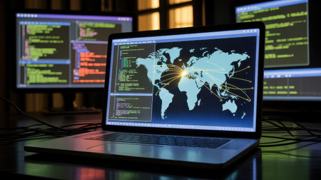 Computer screen with world map and programming code on it. 3d renderingの素材