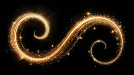 Gold Glittering Magic Swirl Sparkling Dust Trail on Black Backgroundの素材