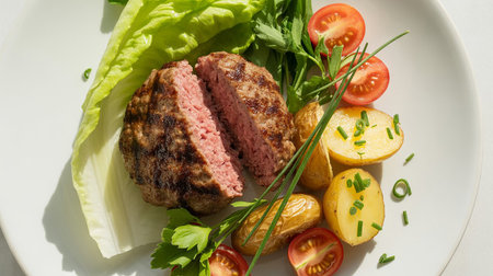 Gourmet Hamburger Steak Served with Roasted Potatoesの素材