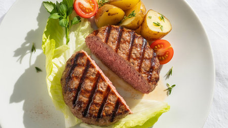 Rustic Grilled Patty Plate with Garden-Fresh Vegetablesの素材