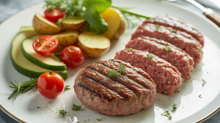 Juicy Grilled Hamburger Patty with Fresh Vegetables and Roasted Potatoesの素材