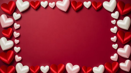 Valentine's day background with red and white hearts on red backgroundの素材