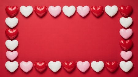 Valentines day background with red and white hearts on red backgroundの素材