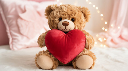 Teddy bear with red heart on bed at home. Valentine's day conceptの素材