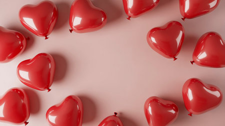 Valentine's day background with red heart-shaped balloons on pink backgroundの素材