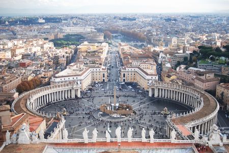Aerial view of Saint Peters Square in Vatican City in Roma, Italia Europe.  Construction in center of square.の写真素材