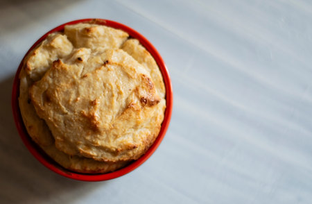 Souffle in bowl on a wooden tableの写真素材