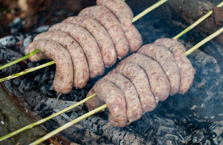 Cooking raw sausages on the coals of a campfireの写真素材