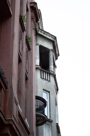 Details of an old building with balconies.の写真素材