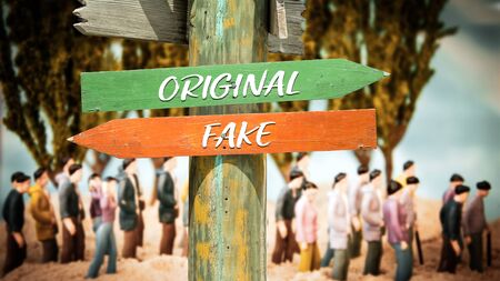 Street Sign the Direction Way to Original versus Fakeの写真素材